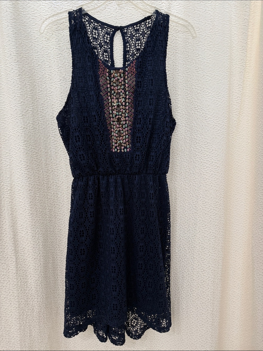 Navy Crochet Sleeveless High-Low Dress with Beaded Yoke